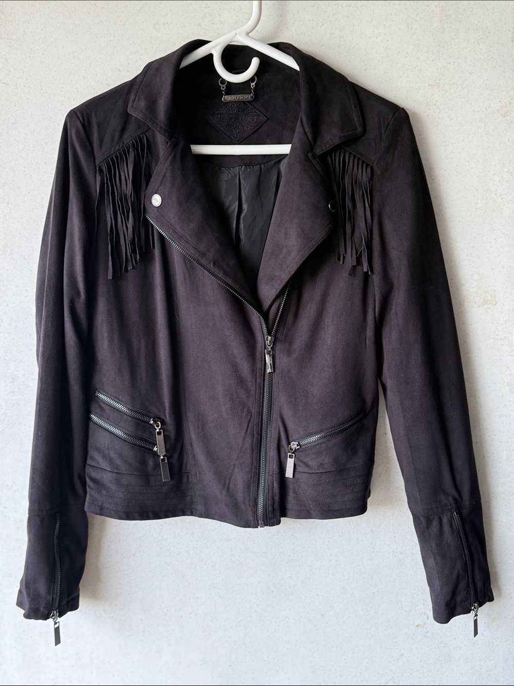 Jou Jou Black Suede Fringe Stretch Moto Jacket Like New M
